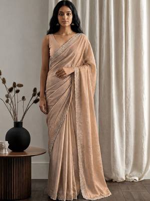 Peach embellished beads and stones tissue designer saree 1
