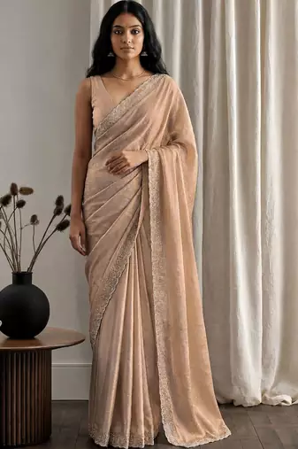 Peach embellished beads and stones tissue designer saree