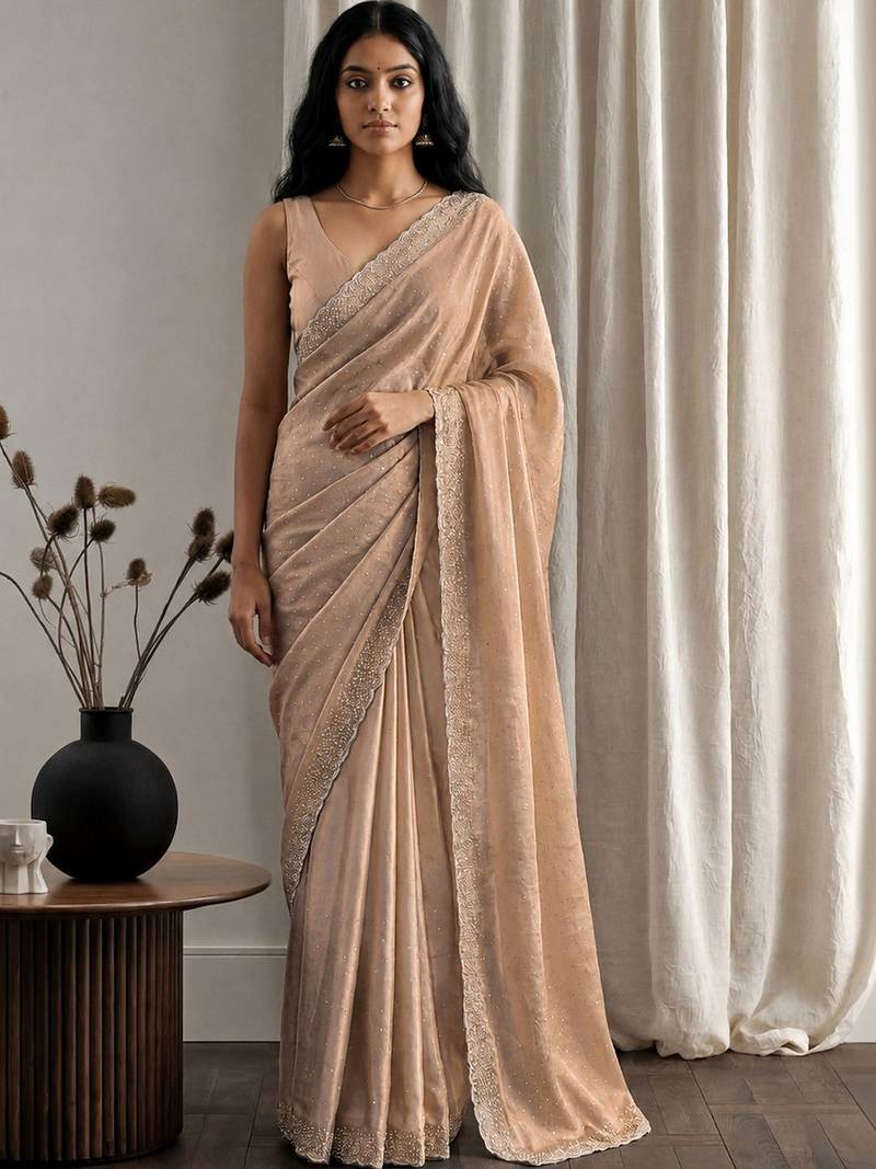 Peach embellished beads and stones tissue designer saree