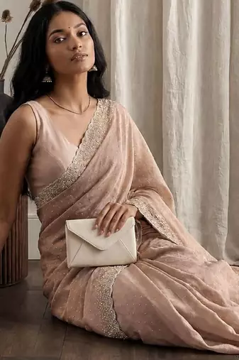 Peach embellished beads and stones tissue designer saree