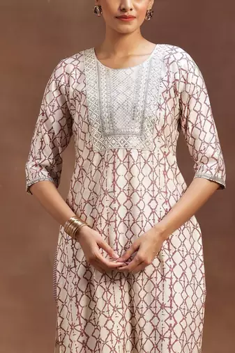 women ethnic motifs printed regular thread work kurta with trousers & with dupatta