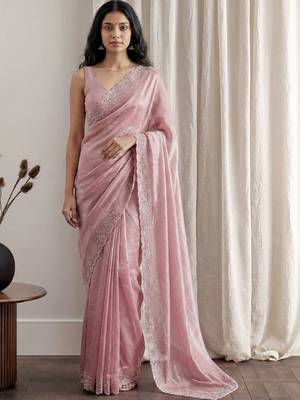 Pink embellished beads and stones tissue designer saree 1
