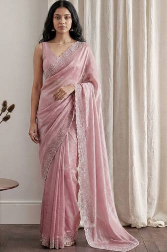 Pink embellished beads and stones tissue designer saree