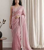Pink embellished beads and stones tissue designer saree