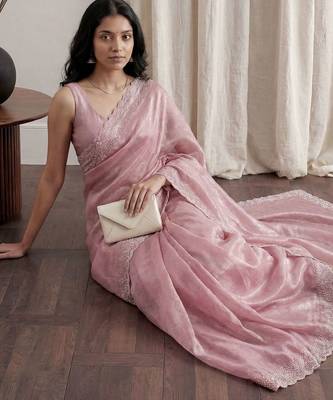 Pink embellished beads and stones tissue designer saree 3