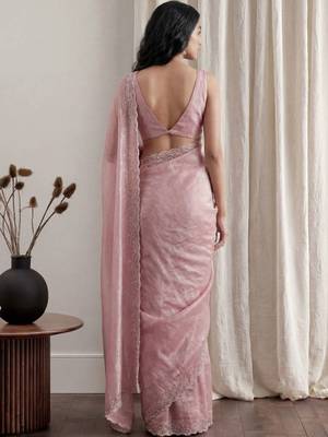 Pink embellished beads and stones tissue designer saree 4