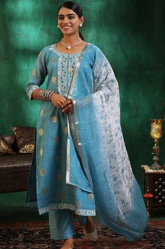 women ethnic motifs regular thread work kurta with trousers & with dupatta