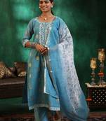 women ethnic motifs regular thread work kurta with trousers & with dupatta