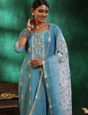 women ethnic motifs regular thread work kurta with trousers & with dupatta 6