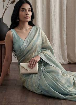 Teal embellished beads and stones tissue designer saree 1
