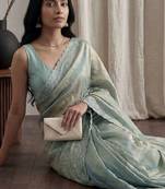 Teal embellished beads and stones tissue designer saree