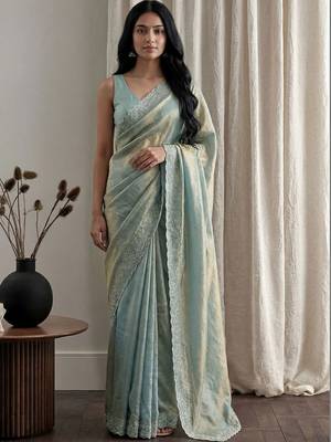 Teal embellished beads and stones tissue designer saree 2