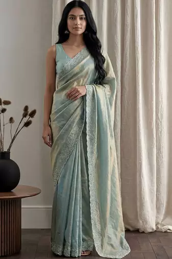 Teal embellished beads and stones tissue designer saree