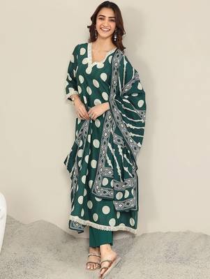 women printed regular kurta with trousers & with dupatta 1
