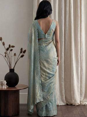 Teal embellished beads and stones tissue designer saree 4
