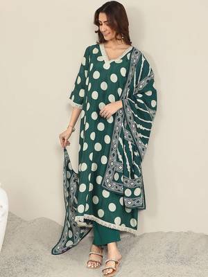 women printed regular kurta with trousers & with dupatta 7