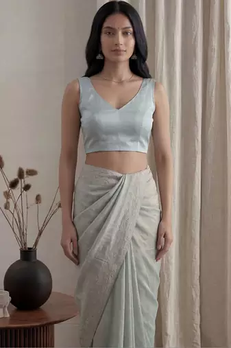 Teal embellished beads and stones tissue designer saree