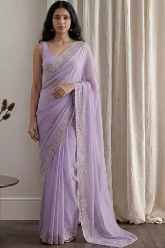 Lavender embellished embroidered tissue designer saree