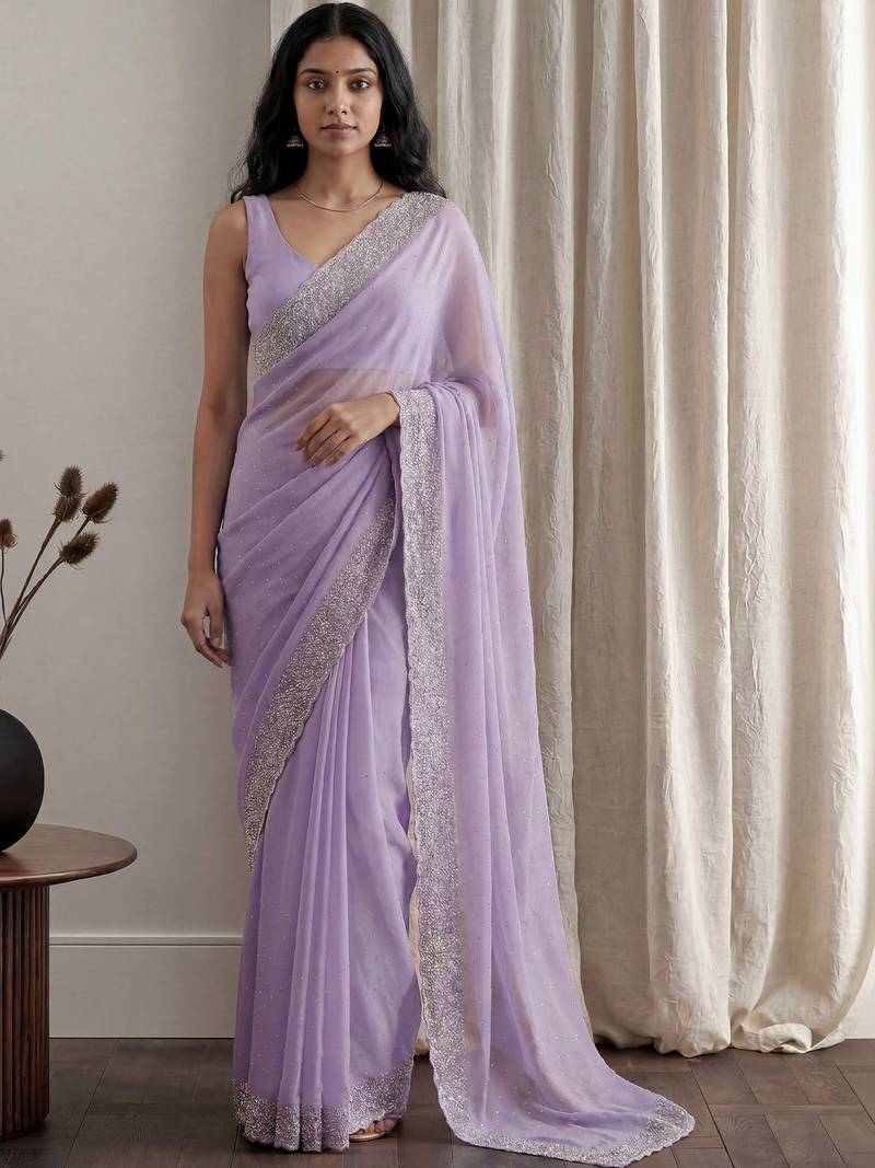 Lavender embellished embroidered tissue designer saree