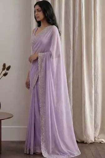 Lavender embellished embroidered tissue designer saree