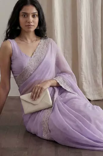 Lavender embellished embroidered tissue designer saree