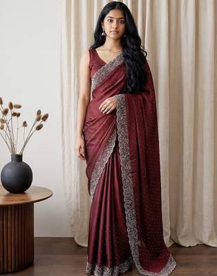Maroon embellished beads and stones tissue designer saree 1