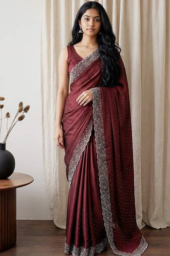 Maroon embellished beads and stones tissue designer saree