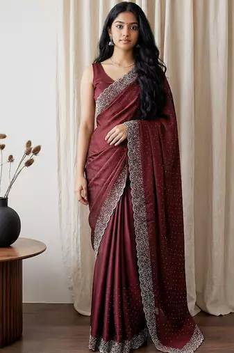 Maroon embellished beads and stones tissue designer saree