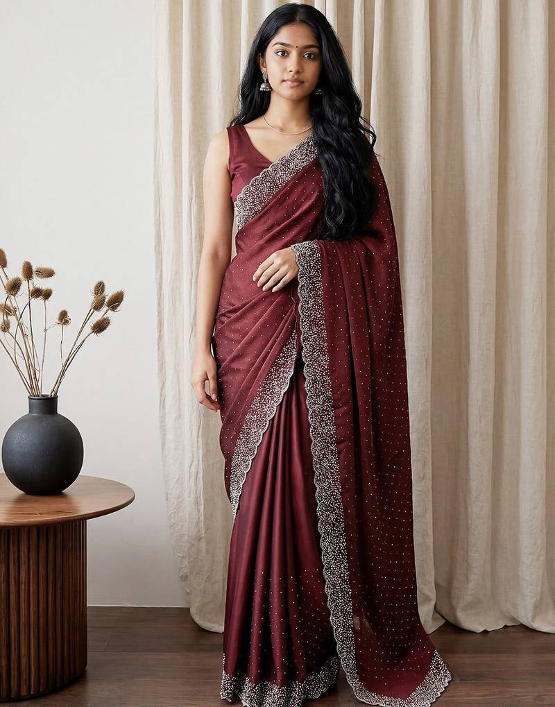 Maroon embellished beads and stones tissue designer saree