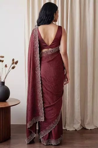 Maroon embellished beads and stones tissue designer saree