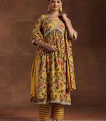 women floral printed empire thread work kurta with trousers & with dupatta