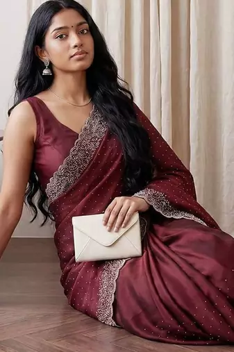 Maroon embellished beads and stones tissue designer saree