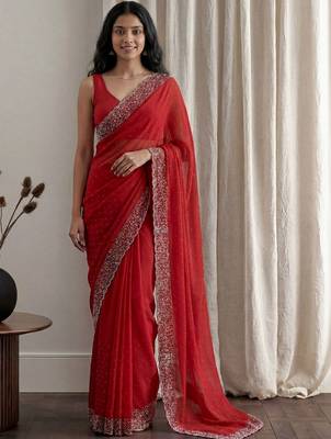 Red embellished embroidered tissue designer saree 1