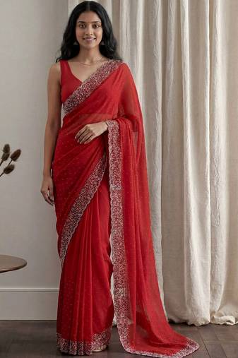 Red embellished embroidered tissue designer saree