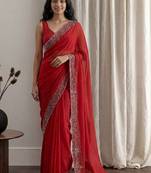 Red embellished embroidered tissue designer saree