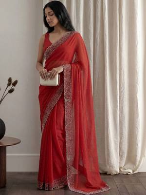 Red embellished embroidered tissue designer saree 2