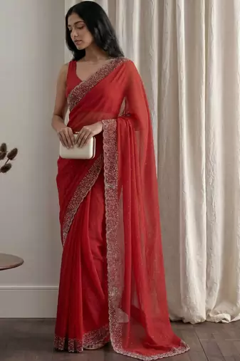 Red embellished embroidered tissue designer saree