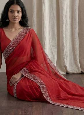 Red embellished embroidered tissue designer saree 3