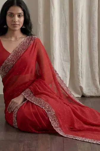 Red embellished embroidered tissue designer saree