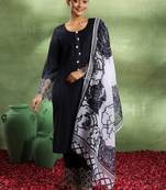 women regular thread work kurta with trousers & with dupatta