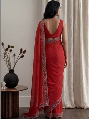 Red embellished embroidered tissue designer saree 4