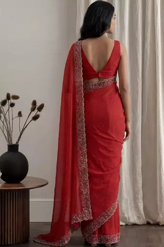 Red embellished embroidered tissue designer saree