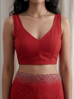 Red embellished embroidered tissue designer saree 5