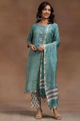 women floral printed regular thread work kurta with trousers & with dupatta
