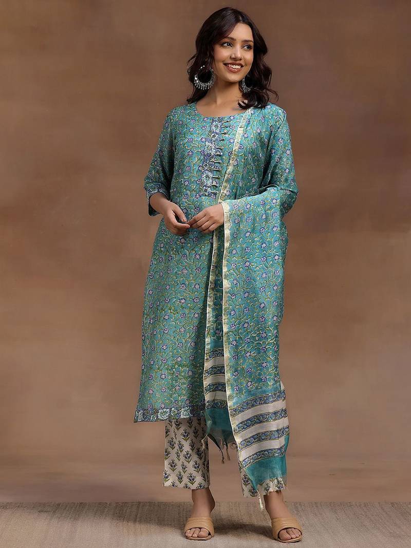 women floral printed regular thread work kurta with trousers & with dupatta