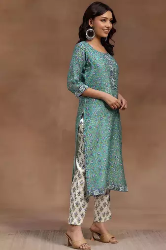 women floral printed regular thread work kurta with trousers & with dupatta