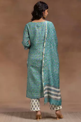 women floral printed regular thread work kurta with trousers & with dupatta