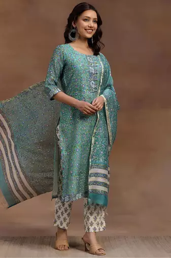 women floral printed regular thread work kurta with trousers & with dupatta