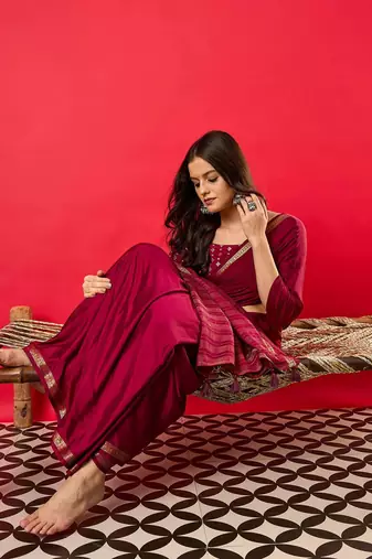 Burgundy woven design zari banarasi saree