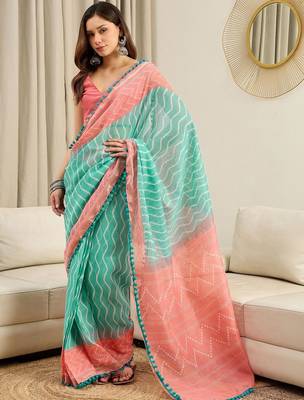 Turquoise  cotton leheriya ready to wear saree 1